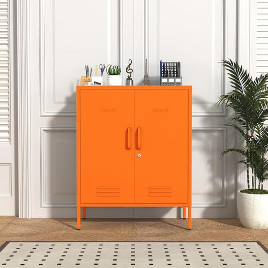 Multipurpose Accent Cabinet Locker, Metal Storage Cabinet with 2 Adjustable Shelves, Heavy Duty & Lockable Organizer Made of Thickened Steel, Easy Assembly for Home, Entryway, Orange