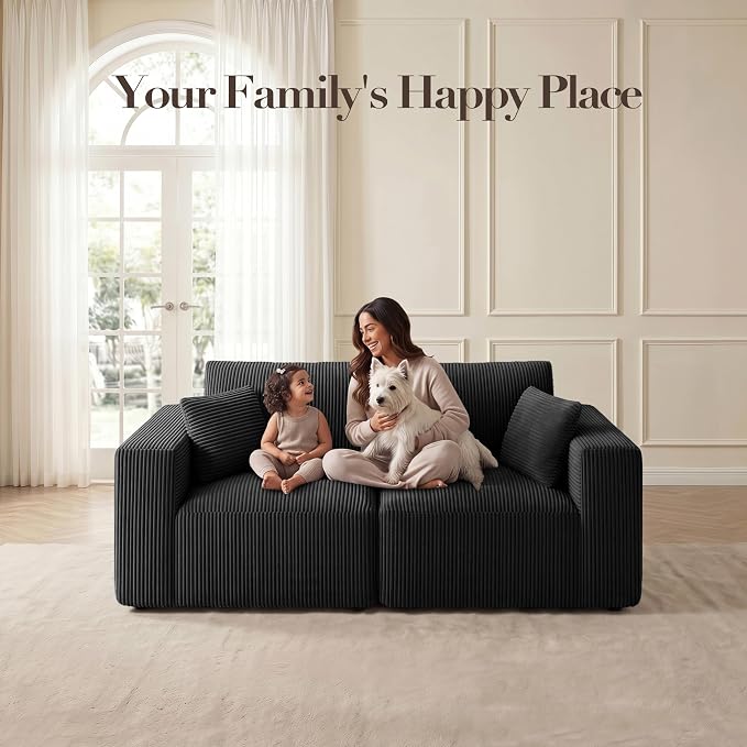 Modular Loveseat Cloud Couch, 79" Memory Foam Boneless Double Sofa, Cozy Upholstered Corduroy Frameless Furniture, No Assembly Required Small Couch for Apartment Living Room Office, Black