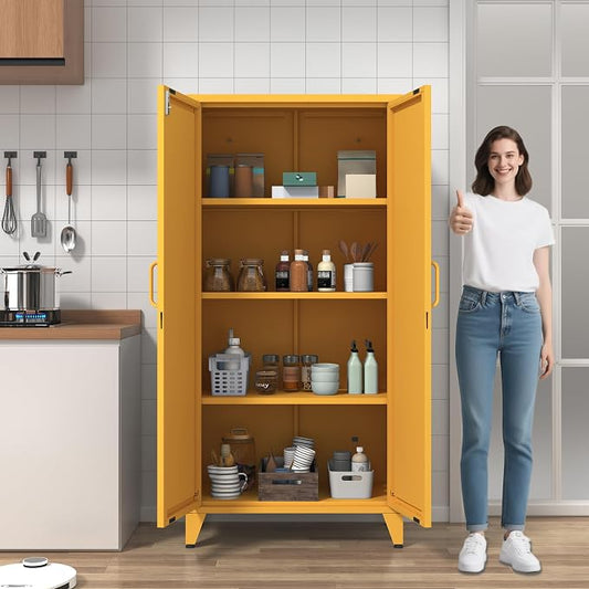 61" Tall Farmhouse Metal Pantry Cabinet with 3 Adjustable Shelves, 4-Tier Storage Organizer, 2-Door Freestanding Storage Cabinets, Easy Assembly, for Kitchen, Entryway, Home Office, Kids Room, Yellow
