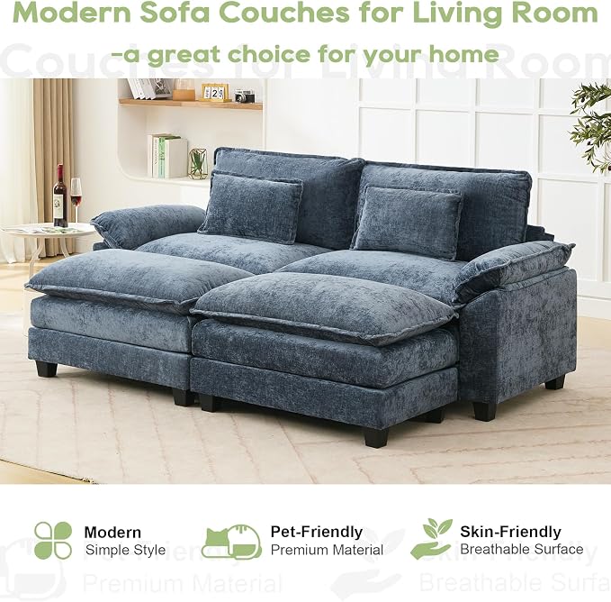 Oprisen 86" Modular Sectional Sofa, Comfy Cloud Couch Sectional Sofa with Ottoman, Chenille Sofa Sleeper Deep Seat Sofa with Throw Pillows for Living Room (Blue)