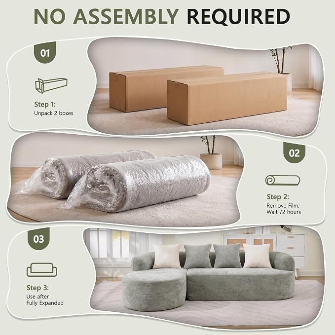 Modular Sectional Boneless Couches, Cloud Sectional Couch with L-Shape Curved Chaise, Modern Comfy Chenille Sofa with Deep Seat for Living Room, Bedroom, No Assembly Required (GreenB)