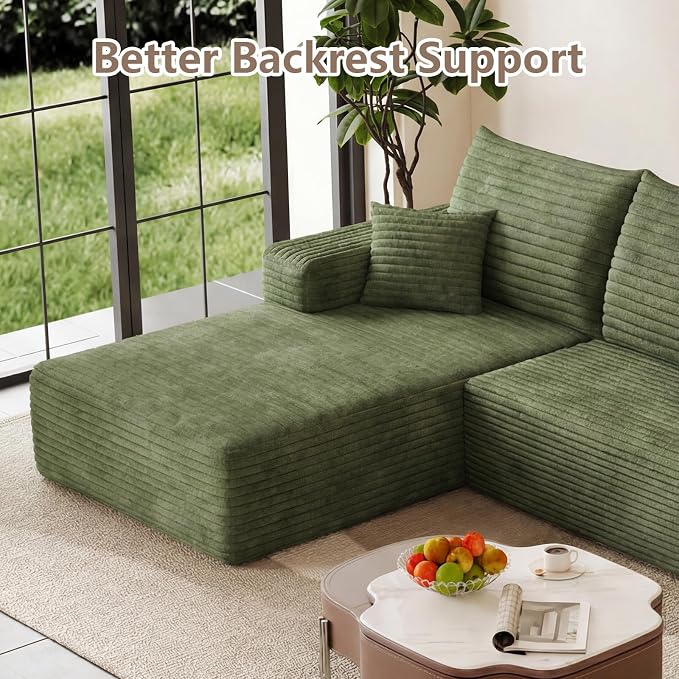 95" Cloud Sectional Couch U-Shaped Chaise with Ottoman, Corduroy Boneless Couch for Living Room Bedroom, Deep-Seat Upholstered Modular Cloud Sofa, No Assembly Required (Green, Left Facing Chaise)