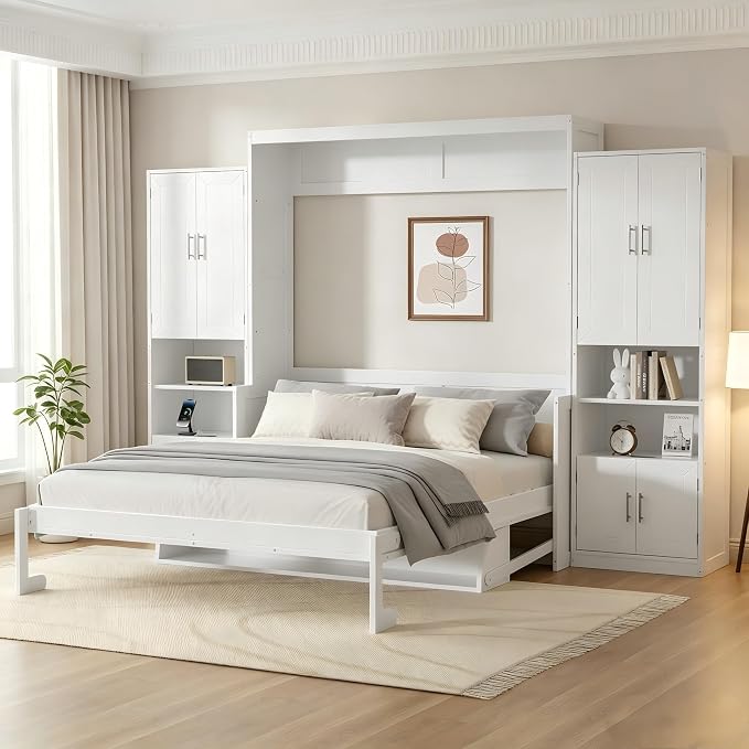 PVWIIK Queen Size Murphy Bed with Drawers & Desk,Charging Station & Storage Shelf for Small Space,Bedroom,Guest Room,Hidden Wall Bed Frame Folding into Cabinet Design,White