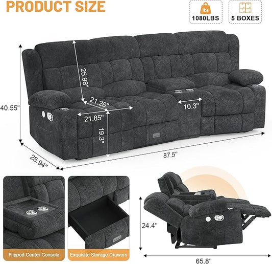 Dresegmt Recliner Sofa Set with Storage Console, Flip Middle Backrest Design 3 Seater Reclining Sofa and 2PC Single Recliner Chair, Manual Couches for Living Room (Gray, 3 Seat+Console+1+1)