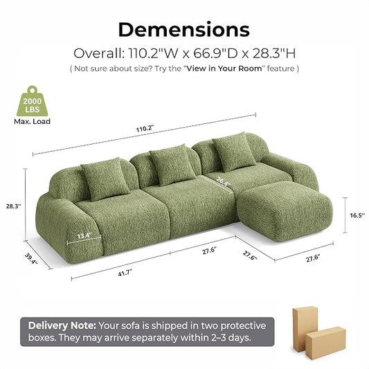 LIKIMIO LumiPebble Modular Sectional Sofa with Ottoman, 110" L-Shaped Boneless Couch for Living Room, Deep Seat with LuxeChenille Upholstery, No Assembly Required, Olive Green