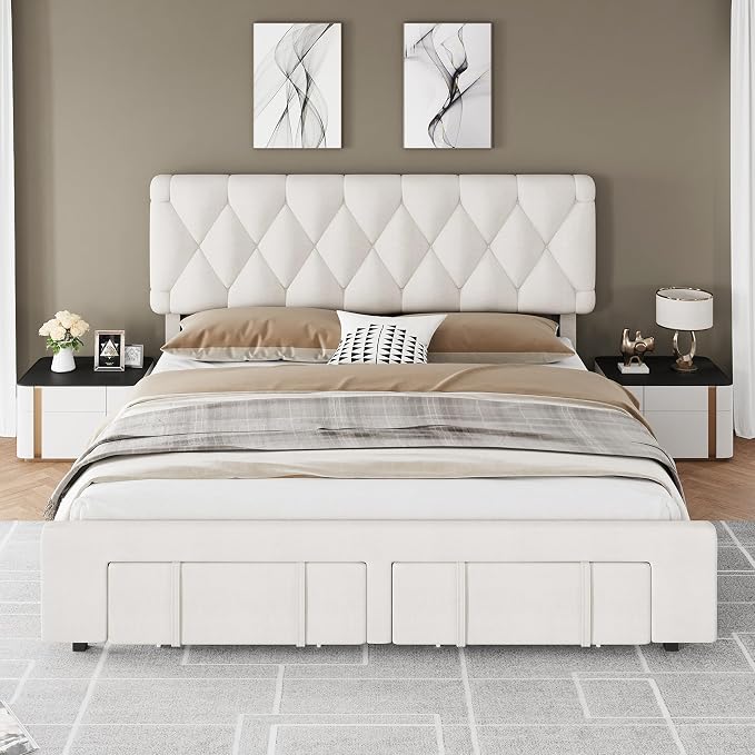 GarveeHome Queen Size Bed Frame, Upholstered Platform Bed Frame with Storage Drawers, Mattress Foundation with Solid Wooden Slats Support, No Box Spring Needed, Beige