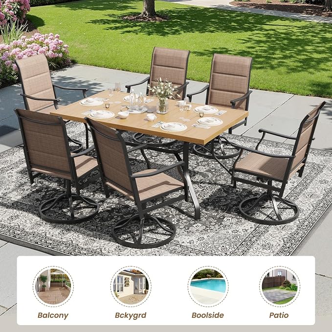 Soohow Outdoor Dining Set for 6, 7-Piece Patio Table and Chairs Set, 6 x Swivel Patio Dining Chairs and 60"x35" Wood-Like Outdoor Table with 1.57" Umbrella Hole for Backyard, Poolside
