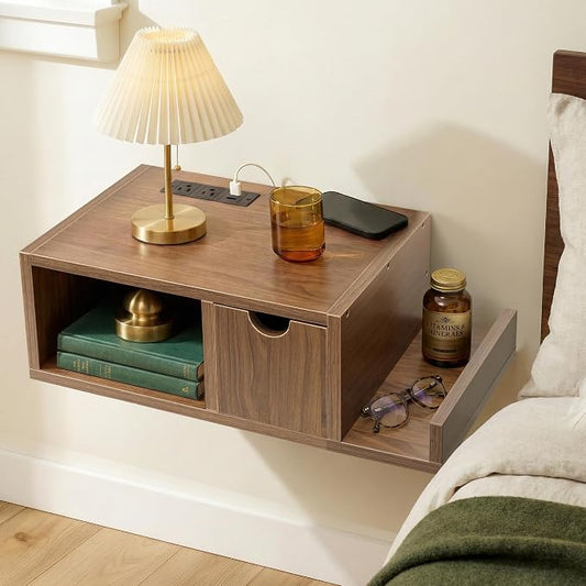 Afuly Floating Nightstand with Charging Station Wall Mounted Night Stand with Drawer Walnut Bed Side Table Wood Bedside Table Shelf Narrow Hanging Modern End Table Nightstands for Bedroom Decor