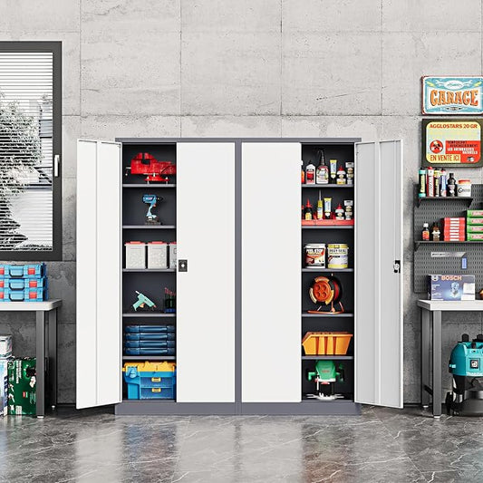 Fesbos Metal Storage Cabinet-71” Tall Steel File Cabinets with Lockable Doors and Adjustable Shelves-Gray&White Steel Storage Cabinet for Home,Kitchen, School, Office, Garage
