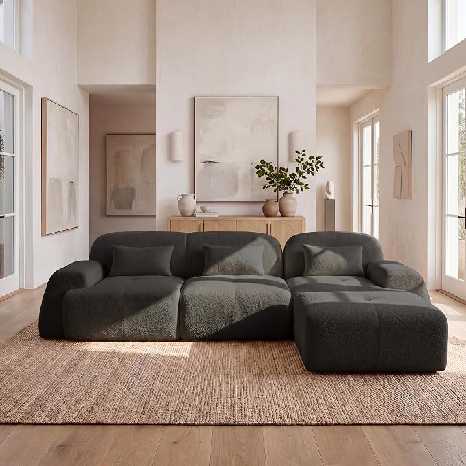 118'' Modular Sectional Cloud Couch Boneless Couches, Oversize Curved Sectional Couches for Living Room, Deep Seat Couch Lambswool Sofa with Ottoman & Throw Pillows, No Assembly, HR Foam