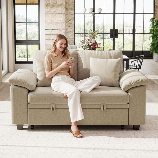 Ihanherry 61" Loveseat Sleeper Sofa, 2-in-1 Pull Out Couch Bed with 2 Pillows, Chenille Convertible Sofa Bed, Small Space Sleeper Couch for Living Room Apartment (Sand)