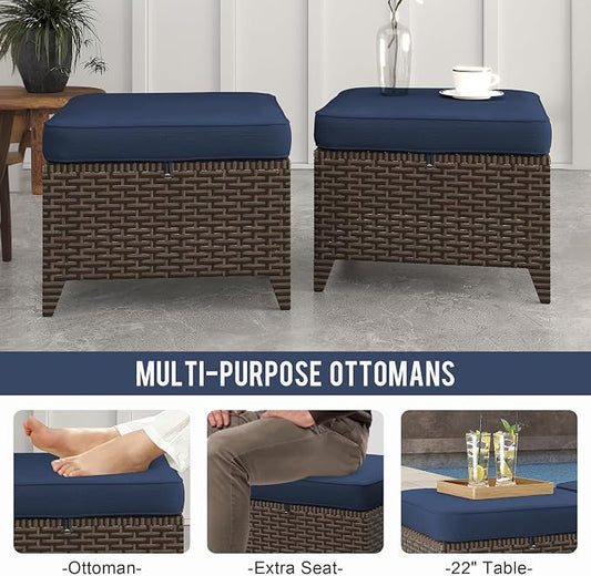 Patio Ottomans 2 Pieces, Outdoor 22" x 22" PE Wicker Ottoman with Removable Waterproof Cushions, All Weather Rattan Foot Stool Furniture for Deck, Porch, Backyard, Balcony, Poolside