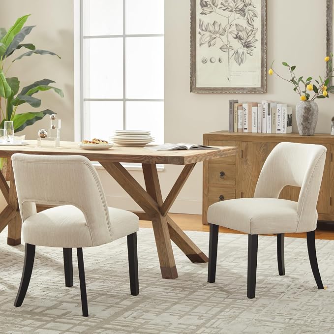 VKNOW Wooden Dining Chairs Set of 2, Modern Fabric Upholstered Dining Room Chair Kitchen Chairs, Farmhouse Dinner Chair for Kitchen Dining Room, Beige-Black Legs