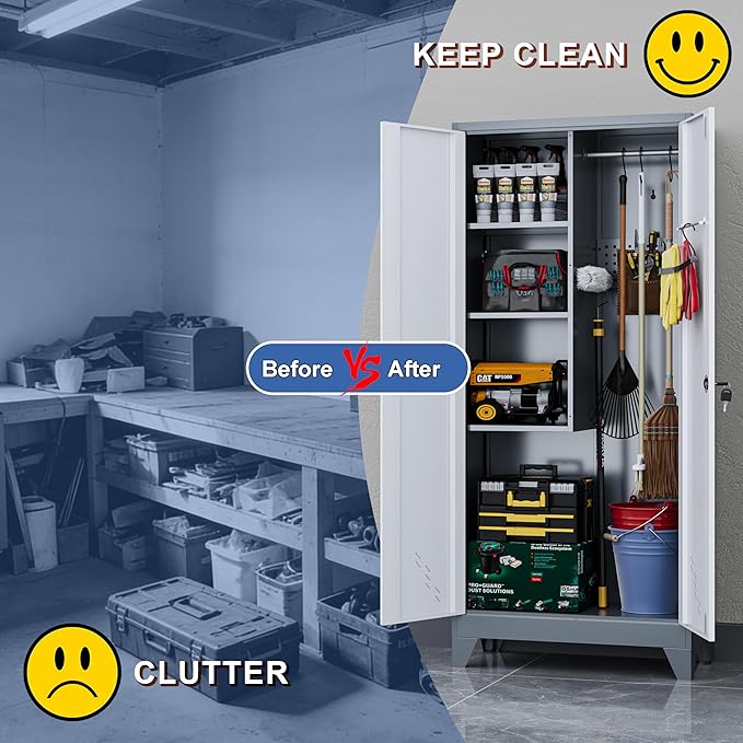 61" Broom Storage Cabinet, Cleaning Tool Storage Cabinet, Garage Utility Storage, Metal Broom Closet for Home, Garage, Utility Room, Hanging Rod (Gray White, Door-2)
