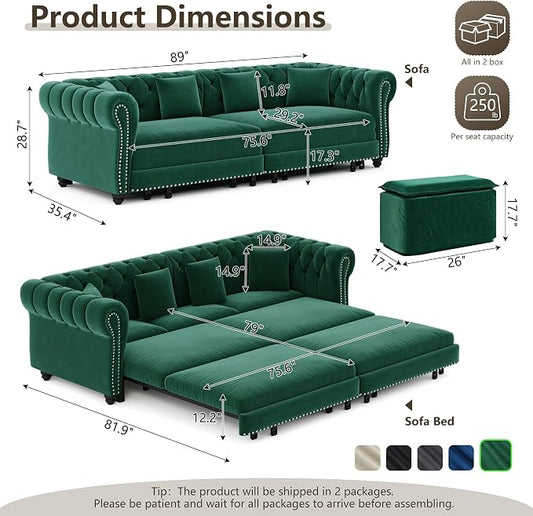 89" Velvet Pull Out Couch Bed - 3-in-1 Convertible Sleeper Sofa with Ottoman, Button Tufted Chesterfield Sofa, King Size Pull Out Sofa Bed, Space Saving for Small Spaces Apartments, Living Room,Green