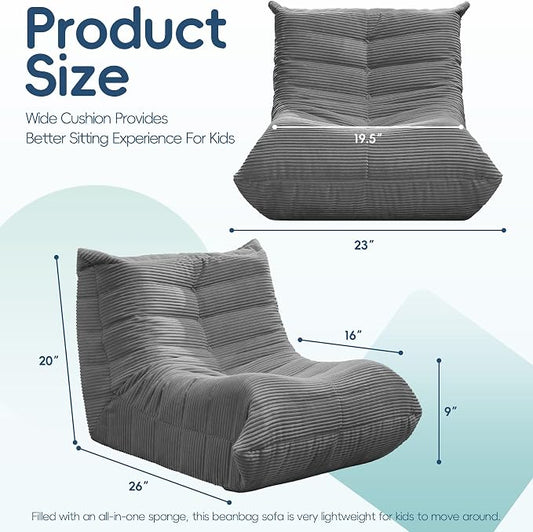 Hobestluk Small Bean Bag Chair Faux Fur Fabric BeanBag Couch for Playroom | Grey Corduroy,Ergonomic Design,Memory Foam,Strong Supportive,No Assembly Required,Decorative Style for Living Room Bedroom