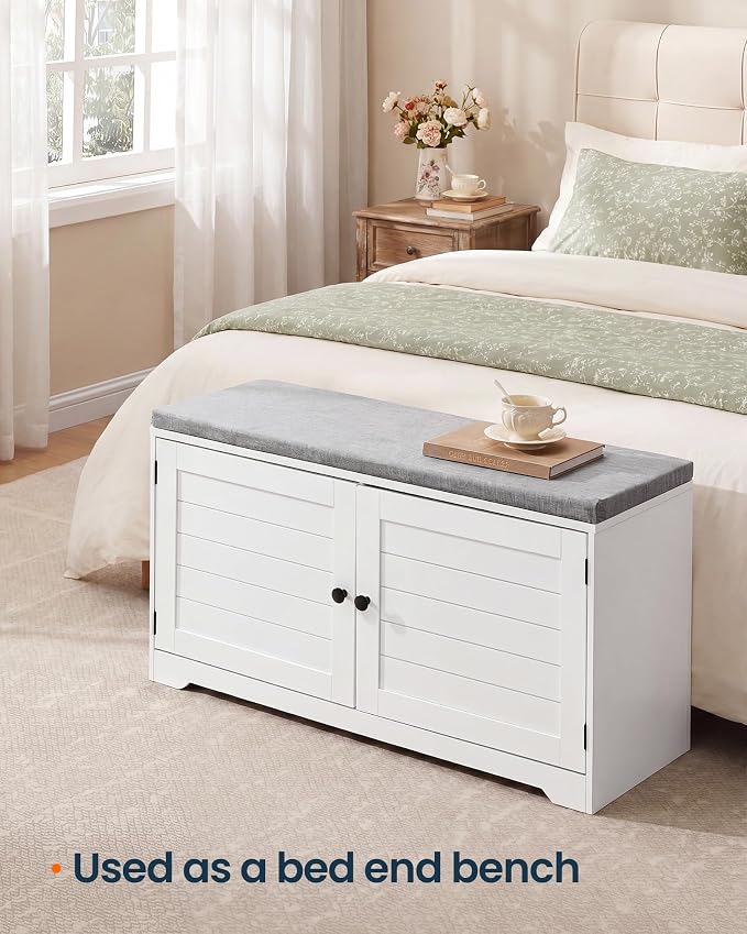 SONGMICS HOME 3-Tier Entryway Bench, Shoe Bench with Padded Seat, for Hallway, Bedroom, 14.2 x 40 x 20.9 Inches, White and Gray
