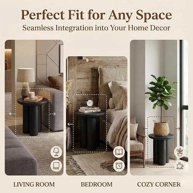 Relso Gaia Round End Table for Living Room and Bedroom, Solid Mango Wood Side Table or Nightstand, Black Finish, Compact Rustic Design, Boho Modern Farmhouse Style