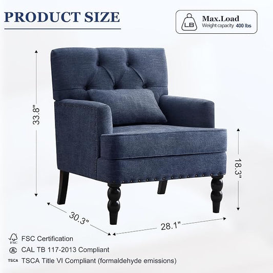 HUIMO Set of 2 Accent Chairs for Living Room, Tufted Upholstered Club Chairs with Lumbar Pillows, Vintage Reading Armchairs with Solid Wood Legs for Bedroom Apartment, Indigo Blue