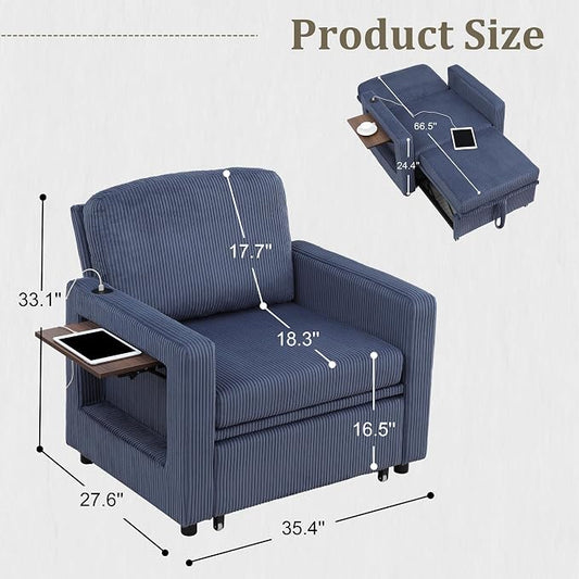 3 in 1 Folding Convertible Sleeper Sofa Bed Pull Out Couch with Side Pockets USB Port Side Table Single Sofa Bed with Adjustable Backrest for Living Room Bedroom 66" Blue 1 SEAT