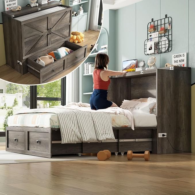 AMERLIFE Full Murphy Bed with Storage & Charging Station, Farmhouse Murphy Cabinet with Foldable Panel, Noisy Free, for Guest Bedroom, Living Room, Office, Rustic Grey