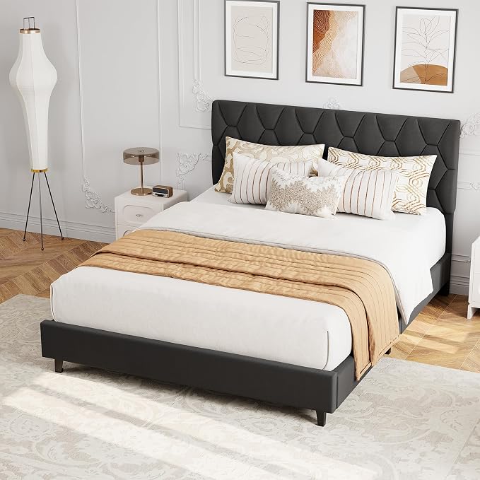 GAOMON Grey Full Bed Frame with Upholstered Headboard,Heavy-Duty Platform Bed Frame with Strong Wood Slats, No Box Spring Needed/Easy Assembly/Noise Free