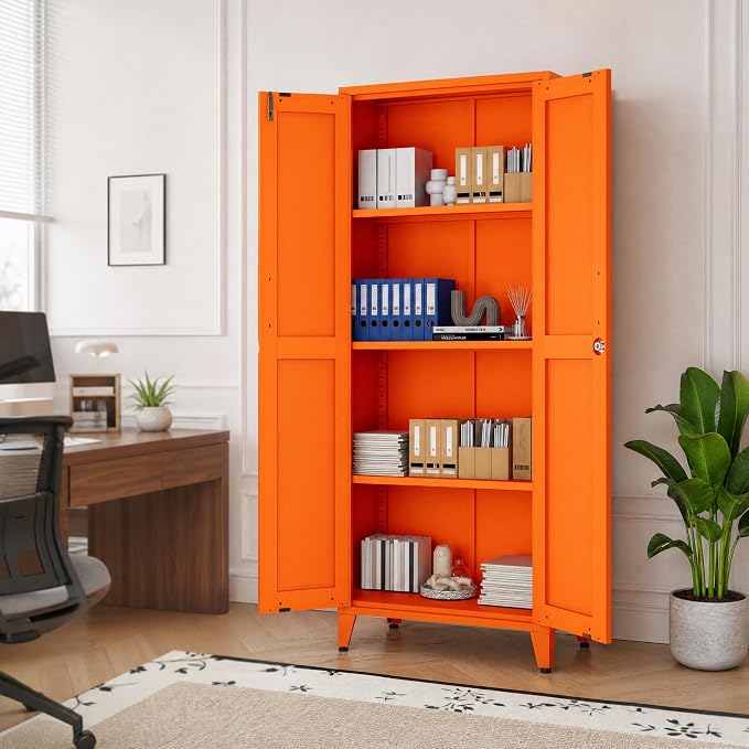 Heavy Duty Metal Cabinet with 3 Adjustable Shelves, Lockable Double Door Storage Locker, 61" Tall Utility Closet for Living Room Home Office Orange 61" H X 27.6" W X 13.8" D