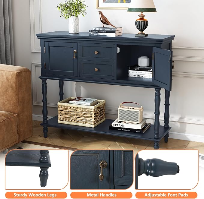 ARTPOWER Console Table with 2 Drawers, Retro Entryway Table with 2 Door Cabinets and Open Storage Shelf, Narrow Long Behind Couch Sofa Table for Living Room, Foyer, Hallway, Blue