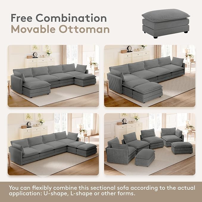 ROWHY 148'' Sectional Cloud Couch with 2 Ottomans, Oversized 4 Seat Sleeper Sofa with 2 Throw Pillows, Convertible Upholstered U Shaped Cozy Sofa Furniture Set for Living Room and Office, Dark Grey