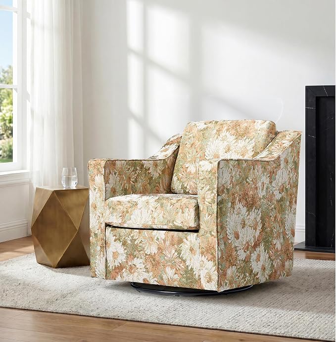 Swivel Accent Chair, Modern Round Barrel Arm Chair for Living Room, Bedroom, Comfy Club Reading Chairs for Adults (Sand Blooms, Set of 1)