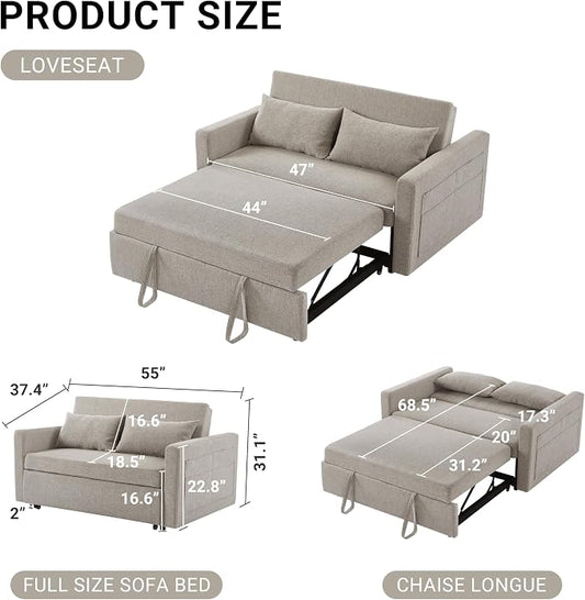 55.5" Fabric Convertible Sofa Bed, Pull Out Sleeper Sofa Bed, Loveseat Couch with Side Pocket, 3 in 1 Convertible Sleeper Sofa Bed for Living Room, Apartment, Bedroom, RV, Light Grey