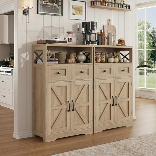 Natural Wood Farmhouse Storage Cabinet Set of 2, Small Kitchen Pantry Cabinet with Drawers and Adjustable Shelves, Sideboard Buffet Coffee Bar Cabinet for Living Room/Dining Room/Bathroom/Home Office