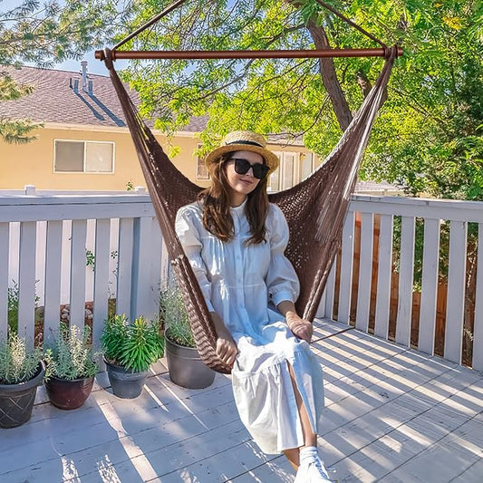 Upgraded Caribbean Hammock Chair with Detachable Metal Bar, Large Hammock Swing Chair, XL Rope Hanging Chair for Outdoor Indoor, 330 LBS Weight Capacity, SaddleBrown