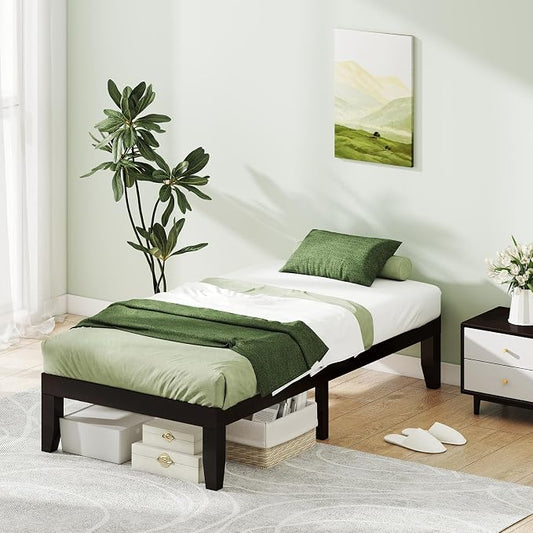 KOMFOTT 14 Inches Wood Platform Bed Frame Twin Size, Wooden Mattress Foundation with Rubber Wood Frame, Strong Wooden Slat Support, No Box Spring Needed, Bed Frame (Dark Brown)