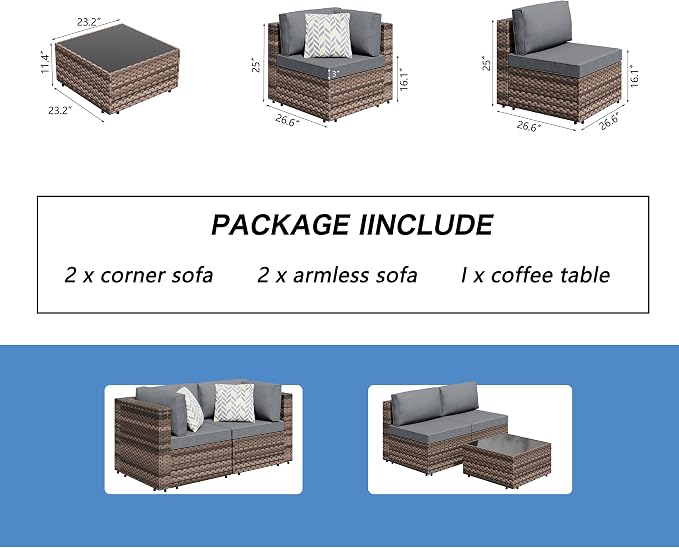 5 Piece Outdoor Patio Furniture Set,Brown PE Rattan Wicker Sectional Sofa, All Weather Conversation Set with Washable Cushions & Glass Coffee Table for Backyard Poolside Garden Porch,Gray