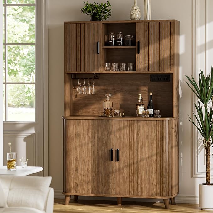 Lulive 71" Tall Pantry Cabinet with Rolling & Sliding Doors, 39" Wide Kitchen Storage Cabinet with Charging Station and Open Countertop, Modern Kitchen Pantry Cabinet for Dining Room, Walnut