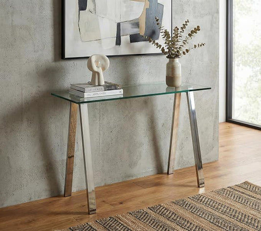 Cortesi Home Trixie Glass Top Desk/Console Table with Stainless Steel Frame, 40"