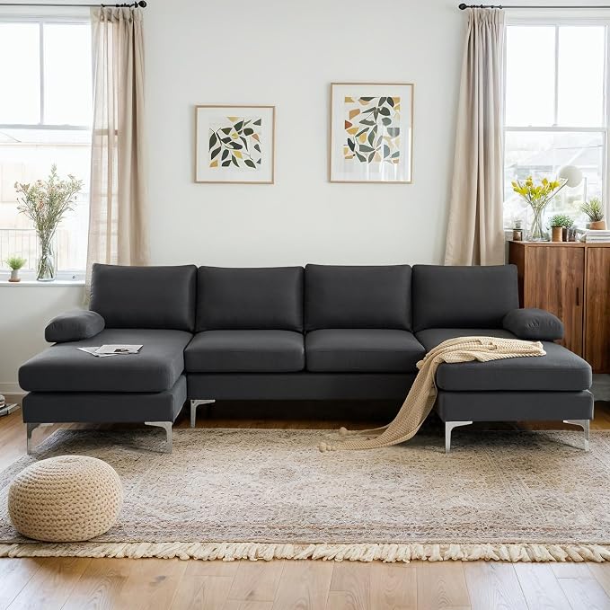 VINGLI 110" Modern Sectional Couch with 51" D Double Chaise, Dark Grey Deep Seat U Shaped Couch with Removable Pillows & Metal Legs, Comfy 4-Seat Sofas for Living Room, Linen Fabric