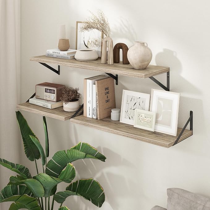 Axeman 12 Inch Deep Grey Floating Shelves 30 Inches Long | Rustic Grey Wood Wall Shelves Set of 2, Deep Wall Shelves for Bookshelf Living Room Bathroom Kitchen