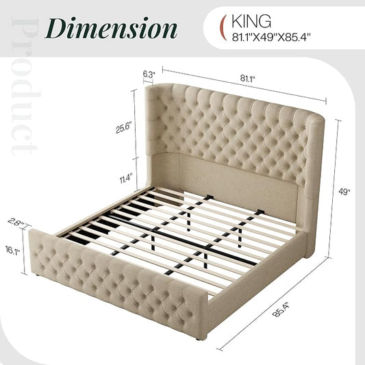 Jocisland King Size Upholstered Bed Frame with 6.3-Inch Curved Wingback Headboard, Tufted Footboard, Wood Slats, No Box Spring Needed, Khaki Linen