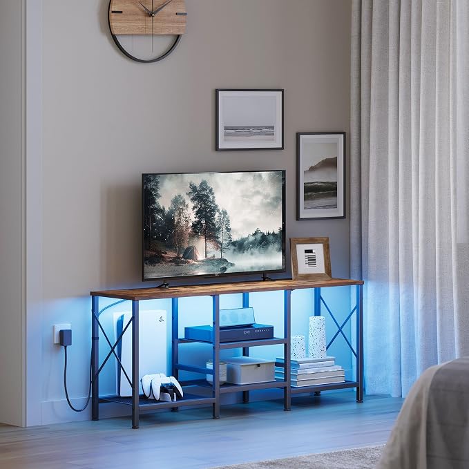 JARHETUN TV Stand with LED Lights for 55 Inch TV, Entertainment Center with 3-Tier Open Shelves, TV Console Table for Living Room, Bedroom, Rustic Brown