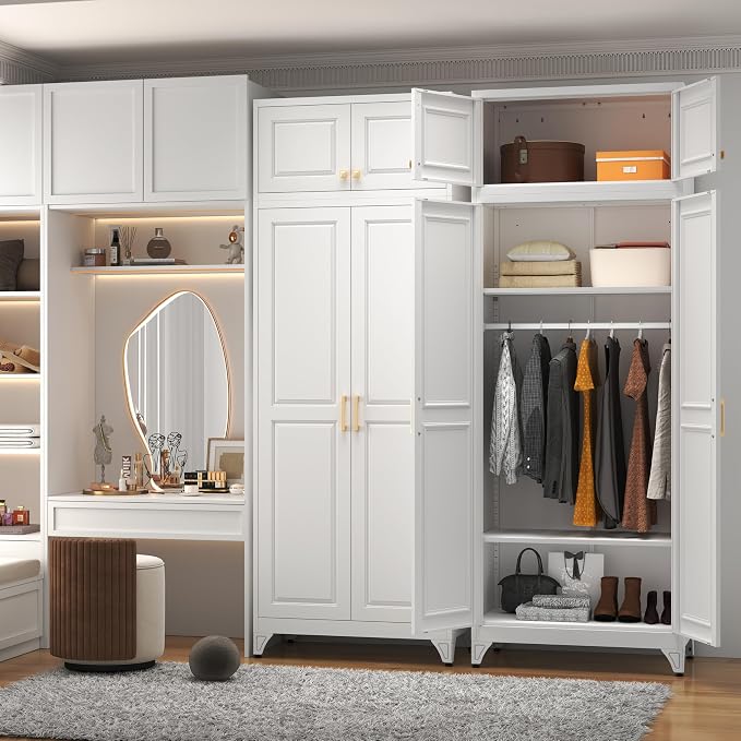 Polup Metal Armoire Closet, 86 Inch Tall Wardrobe Armoire with Hanging Rod, Almirah for Clothes with Doors, 18" D x 32" W x 86" H, White, Assemble Required, Shipped in Two Packages