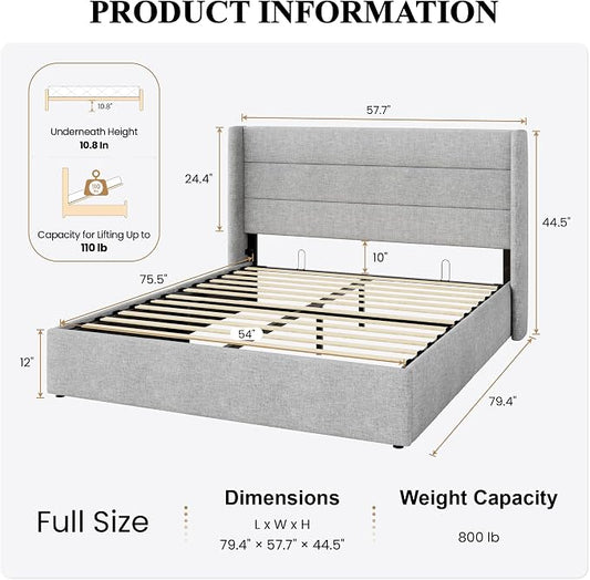 SHA CERLIN Full Size Lift Up Storage Bed/Modern Wingback Headboard/Upholstered Platform Bed Frame/Hydraulic Storage/No Box Spring Needed/Wood Slats Support/Light Grey
