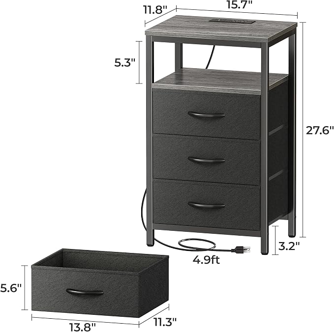 Huuger Nightstands Set of 2, 27.6 Inch End Tables with Charging Station, Fabric Drawers, Bedside Tables with USB Port and Outlet, Night Stands for Bedroom, Charcoal Gray