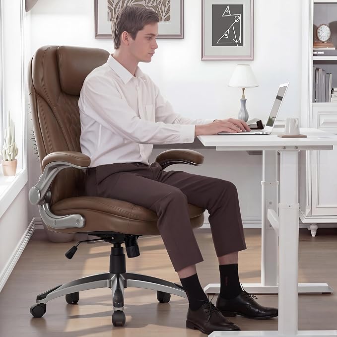 COLAMY High Back Executive Office Chairs Set of 2, Ergonomic PU Leather Desk Chairs with Flip-Up Armrests, Adjustable Height, Lumbar Support, Comfortable Computer Chairs for Home Office, Brown