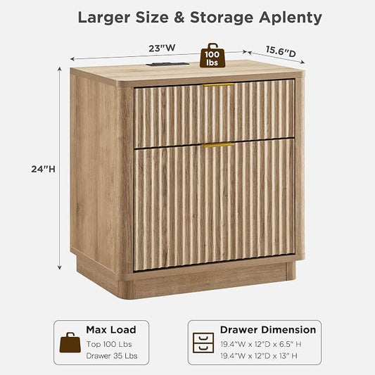 T4TREAM 23'' Fluted Nightstand Swith Charging Station, Large 2 Drawer Side Table, Modern End Table with Storage, Mid Century Bedside Table for Bedroom, Living Room, Curved Profile, Natural Oak
