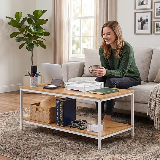 SUPER DEAL 2-Tier Coffee Table with Storage Shelf for Small Apartment Living Room, Rectangle Wood and Stable Metal TV Stand Side End Table, Natural Wood