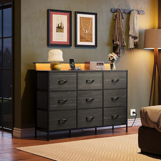 WLIVE Black Dresser TV Stand for 45, 50, 55 inch TV, Entertainment Center with LED Lights & Charging Station, Chest of drawers with 9 Fabric Drawers and Open Shelves for Living Room, Hallway, Wood Top