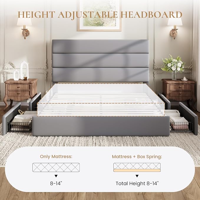 SHA CERLIN Queen Size Platform Bed Frame with 4 Storage Drawers, Velvet Upholstered Headboard, Mattress Foundation with Wooden Slats Support, No Box Spring Needed, Easy Assembly, Grey