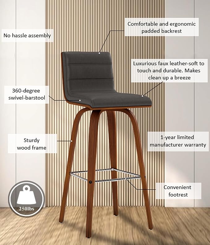 Vienna 30" Swivel Bar Stool in Walnut Wood Finish with Gray Faux Leather - Set of 3